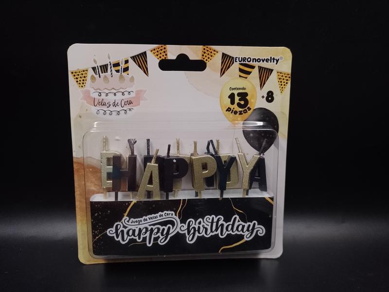 VELA HAPPY BIRTHDAY PALILLO DORADA Y NEGRA